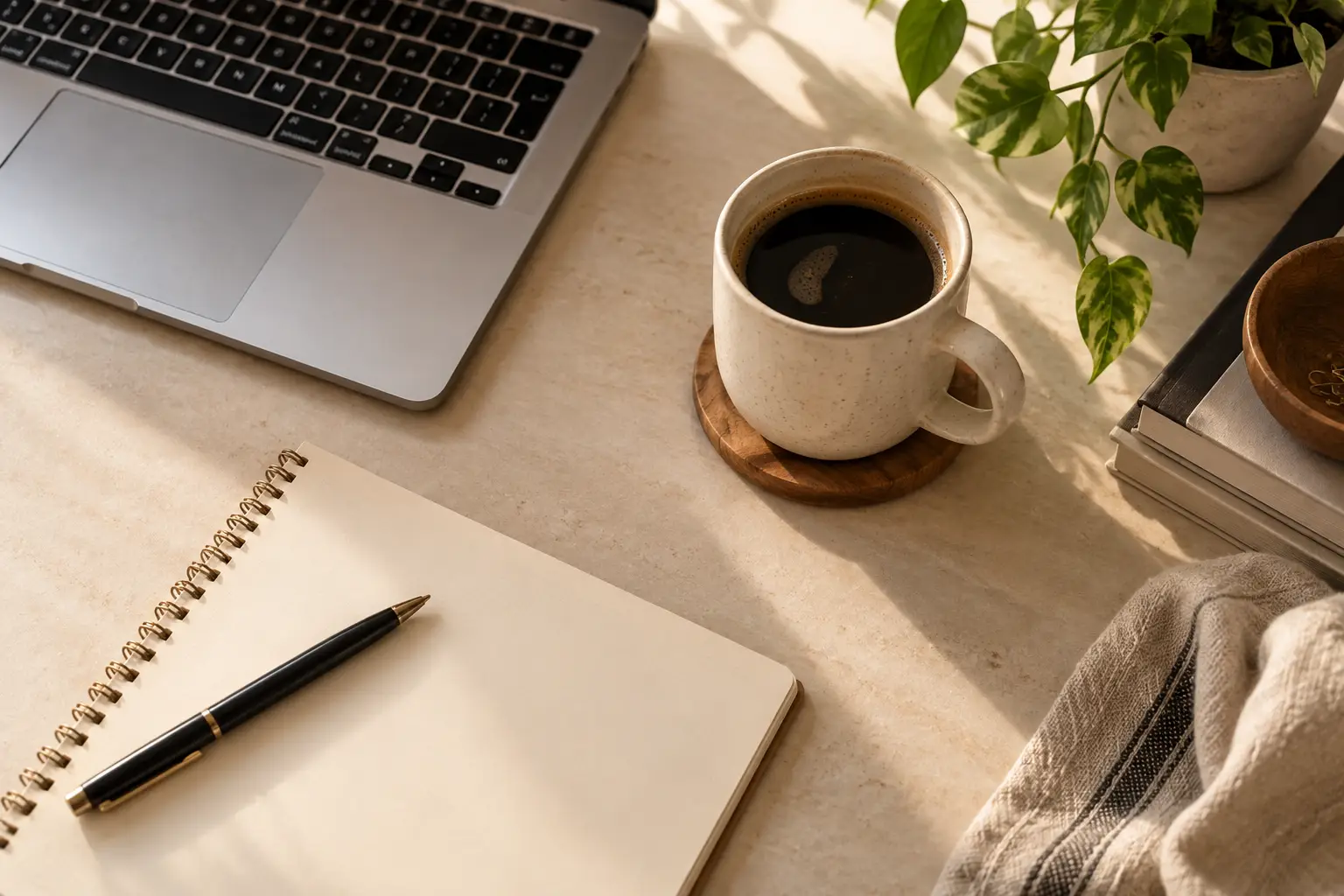 A warm workspace with a laptop, notebook, pen and coffee.