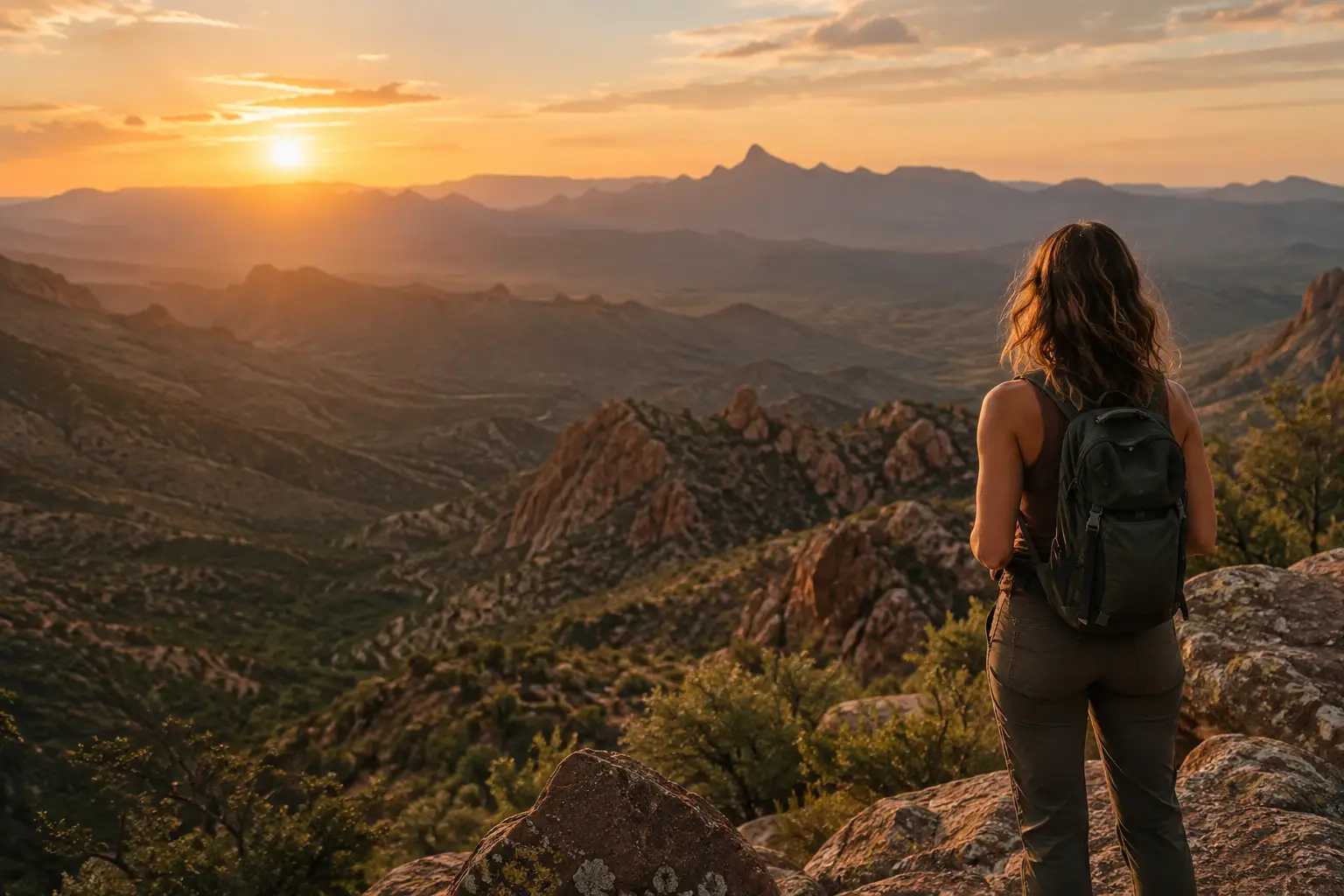 A hiker looking across sunlit mountains.