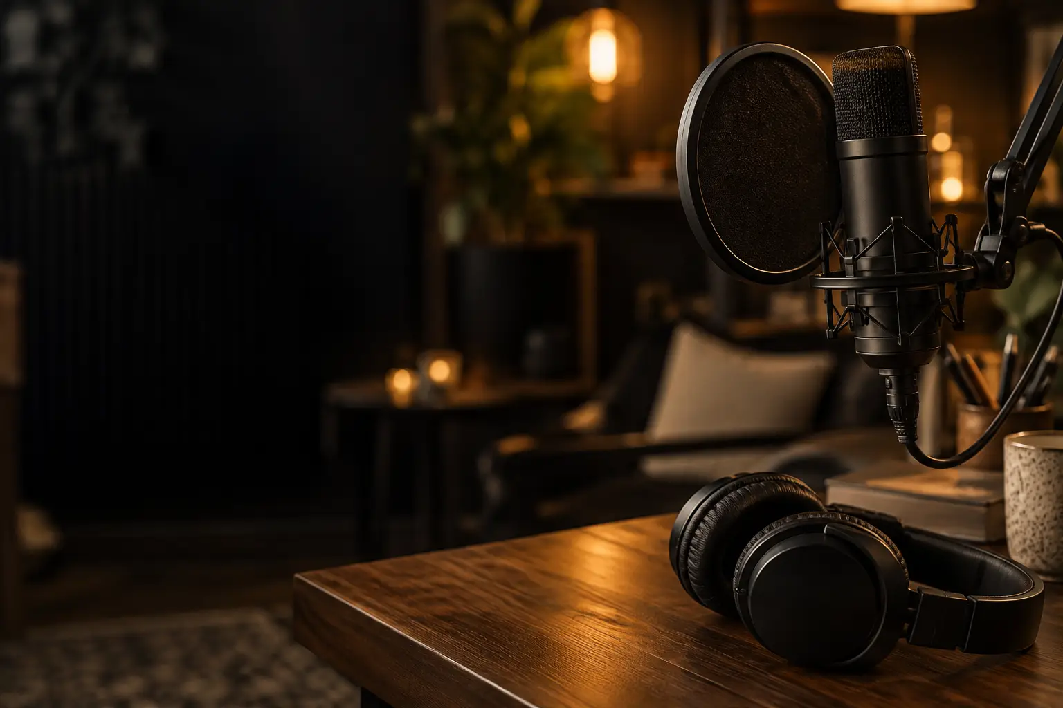 A podcast microphone and headphones in a warmly lit studio.