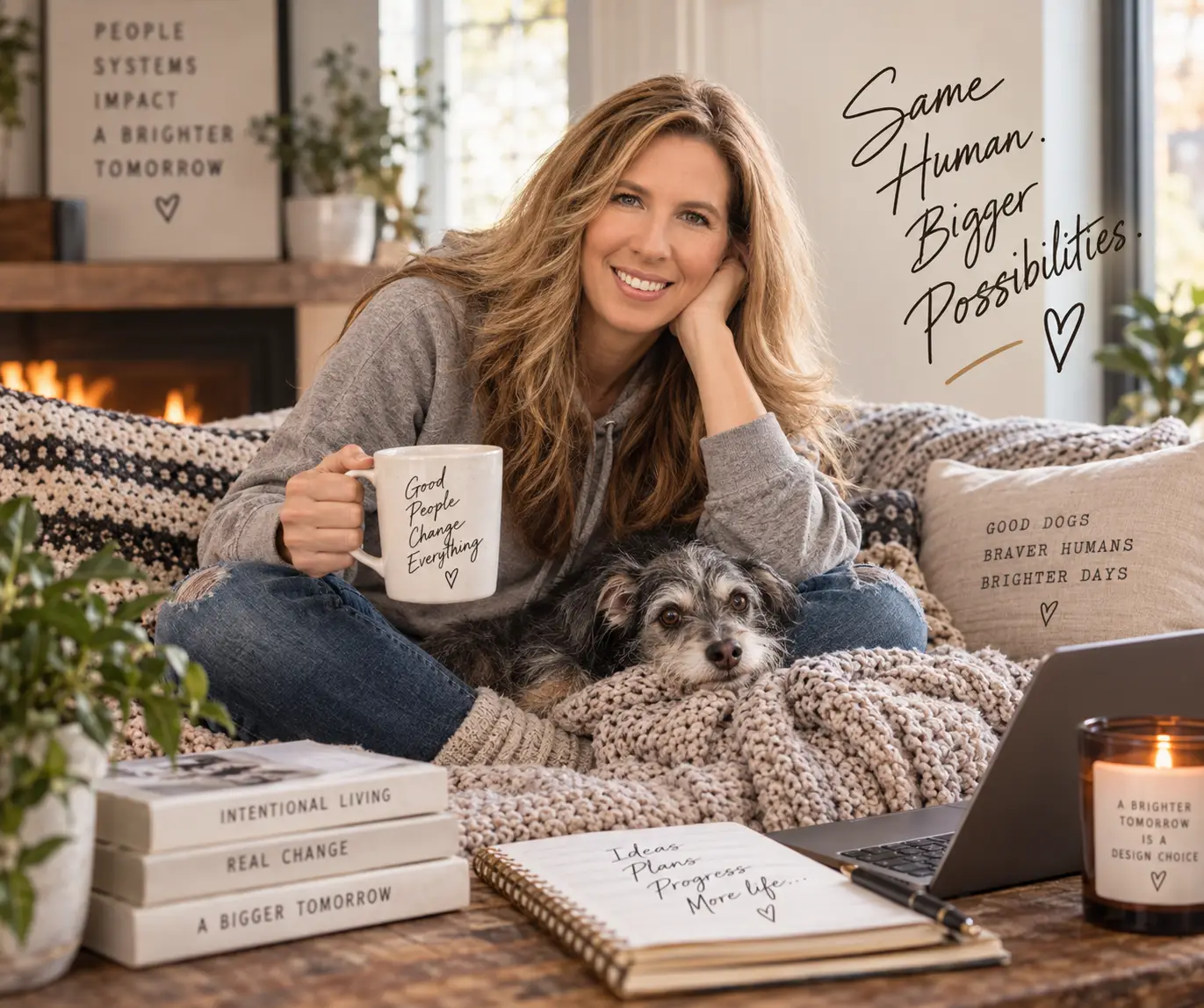 Tracy Hoobyar and Marley at home. The image reads: Same human. Bigger possibilities.