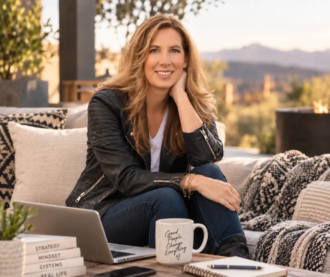 Tracy Hoobyar seated outdoors with a laptop and coffee.
