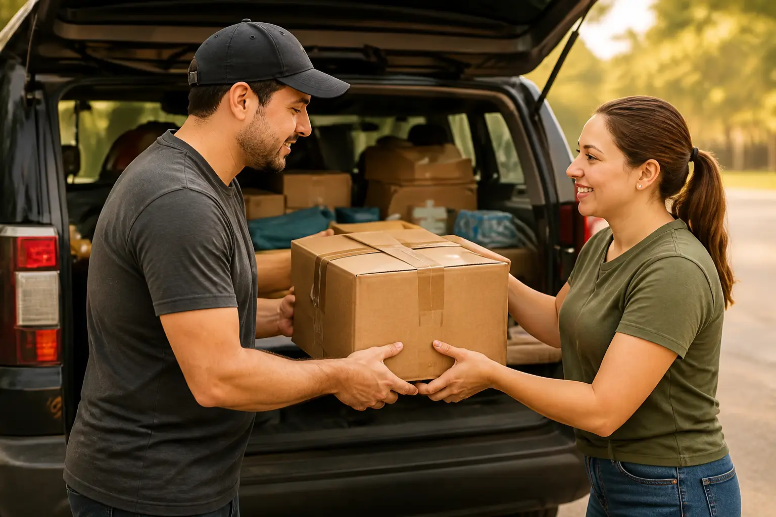 Two people hand over a box beside a vehicle loaded with supplies.